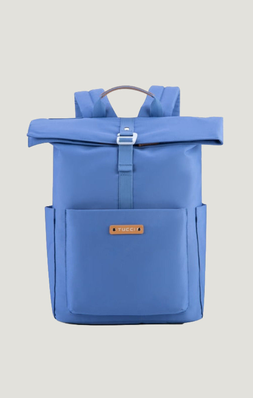 Blue backpack with a visible brand logo on a light gray background