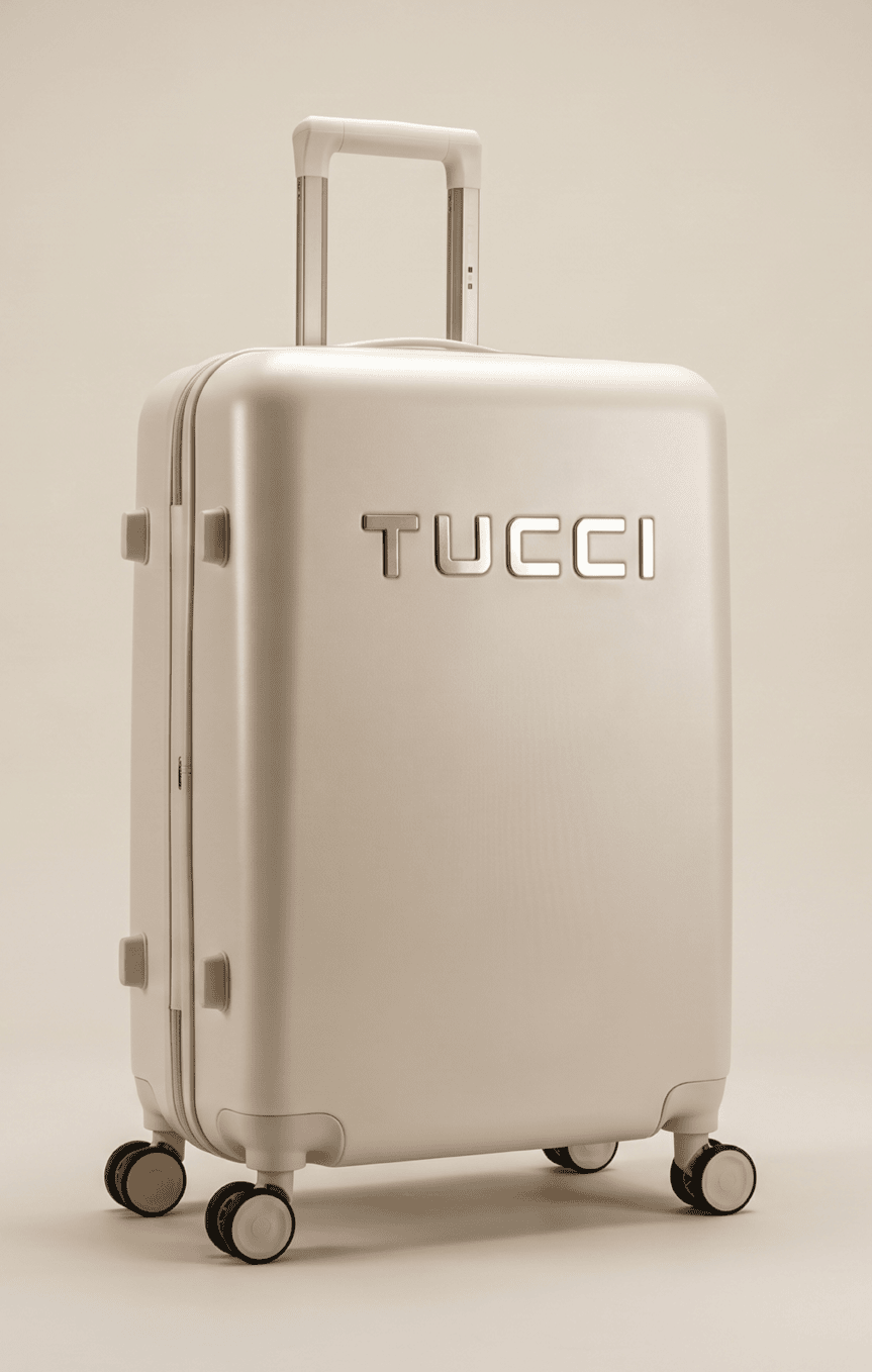 White suitcase with 'TUCCI' branding on a beige background