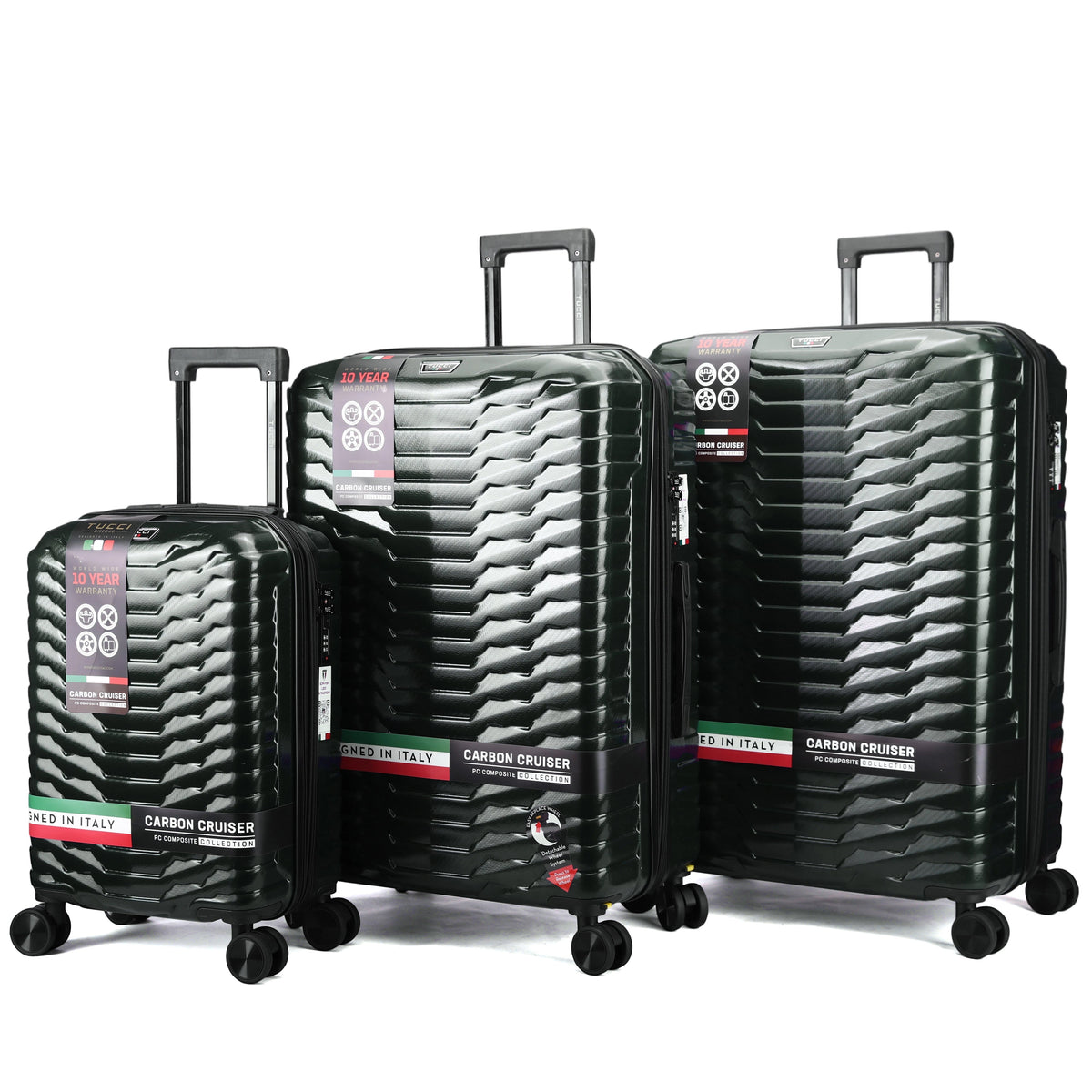 Tucci Italy Occhio 3-Piece Expandable Hardside Luggage Set, PC Carbon Fiber Texture Spinner Suitcases with TSA Lock, 20/28/30 in