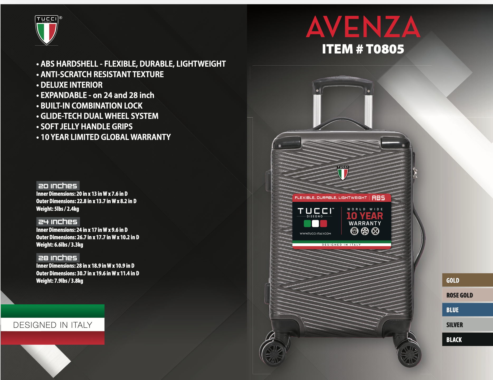 TUCCI Italy AVENZA 3PC Hardside Luggage Set (20", 24", 28")