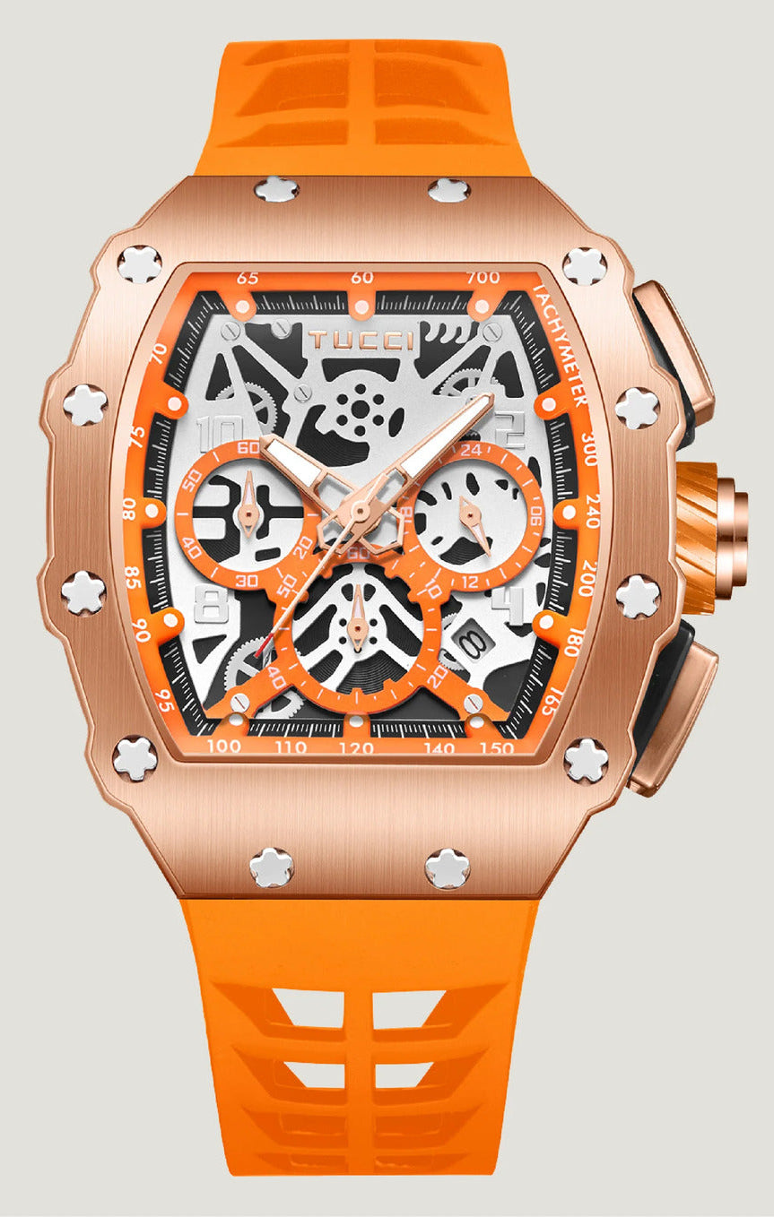 Luxury watch with orange strap and rose gold case on gray background