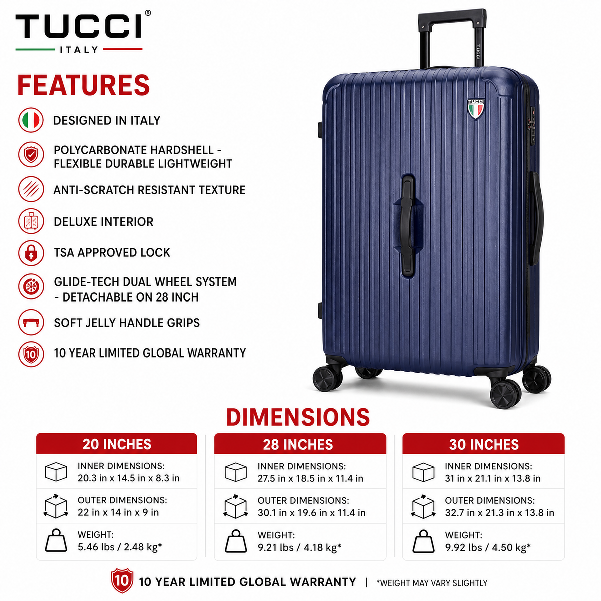 TUCCI LINEA  3-Piece Expandable Hardside Spinner Luggage Set, 20/28/30 Inches