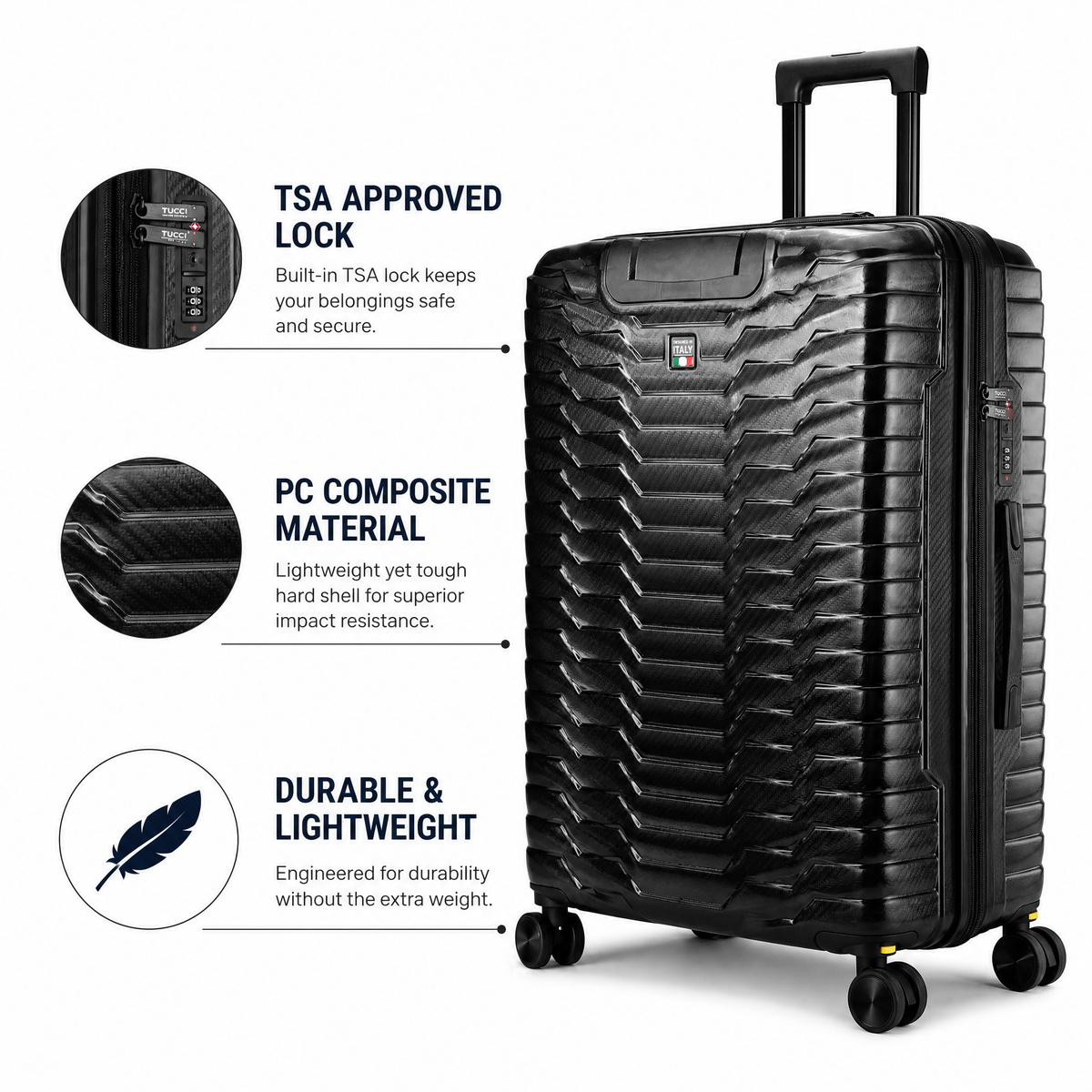 Tucci Italy Occhio 3-Piece Expandable Hardside Luggage Set, PC Carbon Fiber Texture Spinner Suitcases with TSA Lock, 20/28/30 in