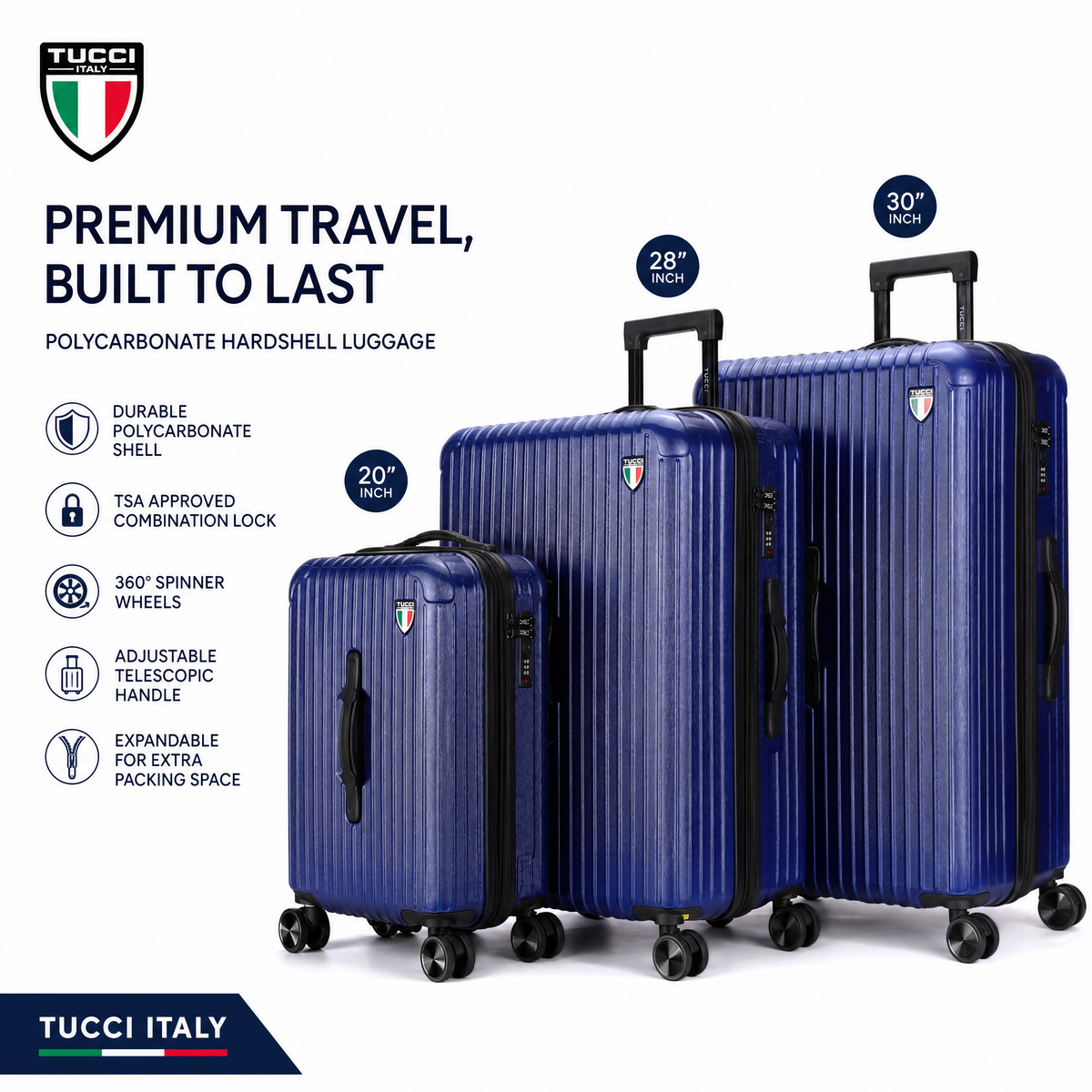 TUCCI LINEA  3-Piece Expandable Hardside Spinner Luggage Set, 20/28/30 Inches