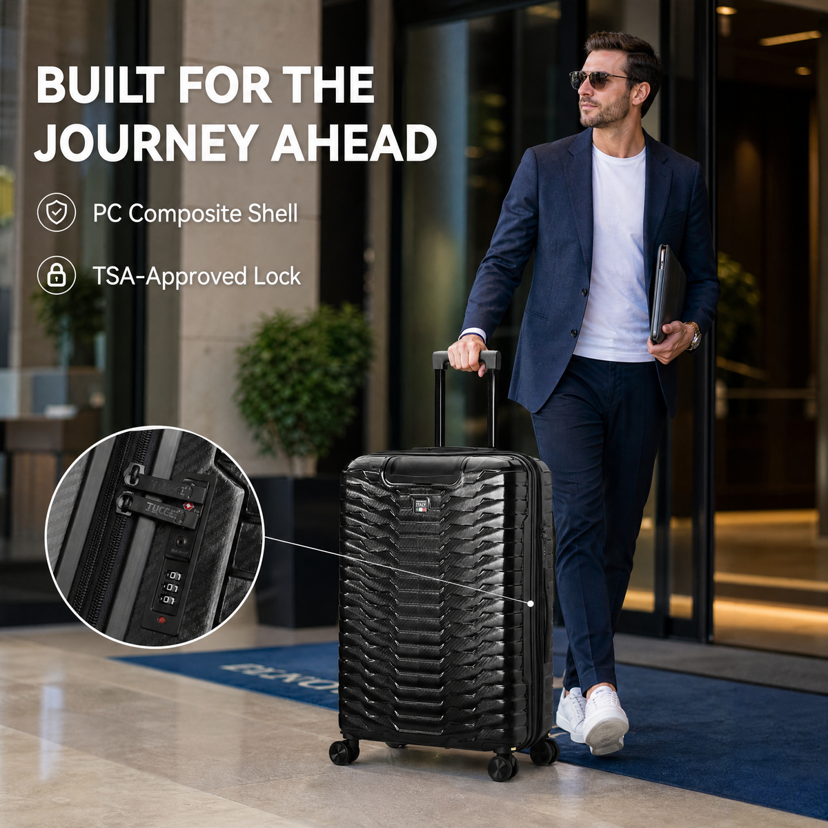 Tucci Italy Occhio 3-Piece Expandable Hardside Luggage Set, PC Carbon Fiber Texture Spinner Suitcases with TSA Lock, 20/28/30 in