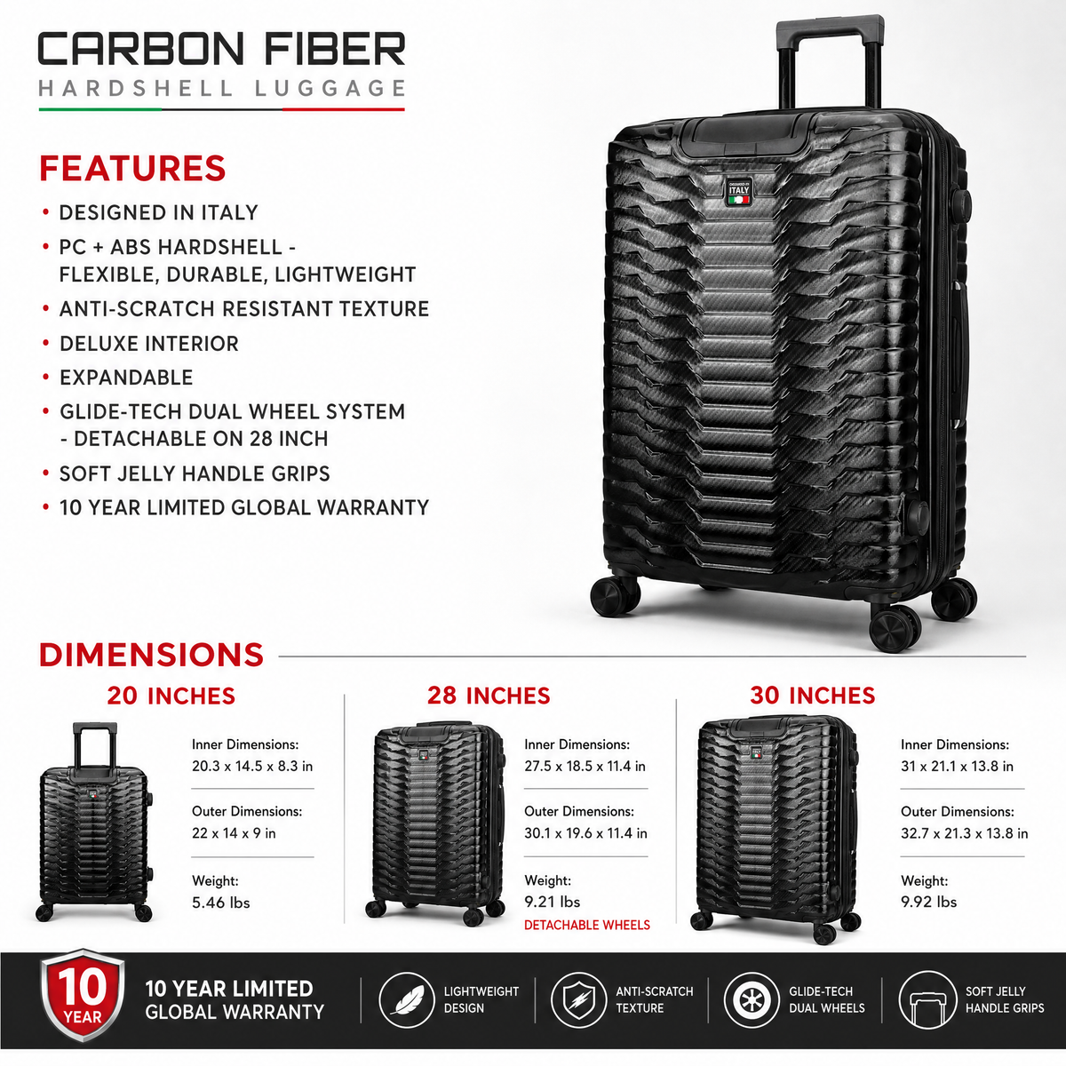 Tucci Italy Occhio 3-Piece Expandable Hardside Luggage Set, PC Carbon Fiber Texture Spinner Suitcases with TSA Lock, 20/28/30 in